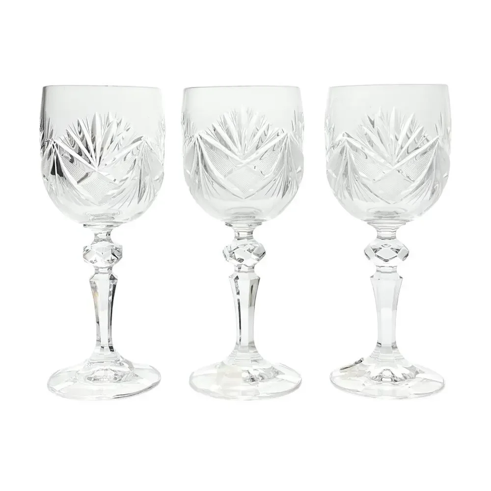 1980s Vintage 3 Crystal Wine Glasses 6 3/4” 8oz Fan & Cross Hatch Cuts, Barware - Picture 1 of 5